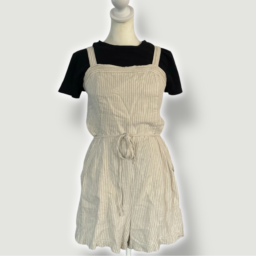 Cream and white striped neutral linen blend romper overallss - size medium